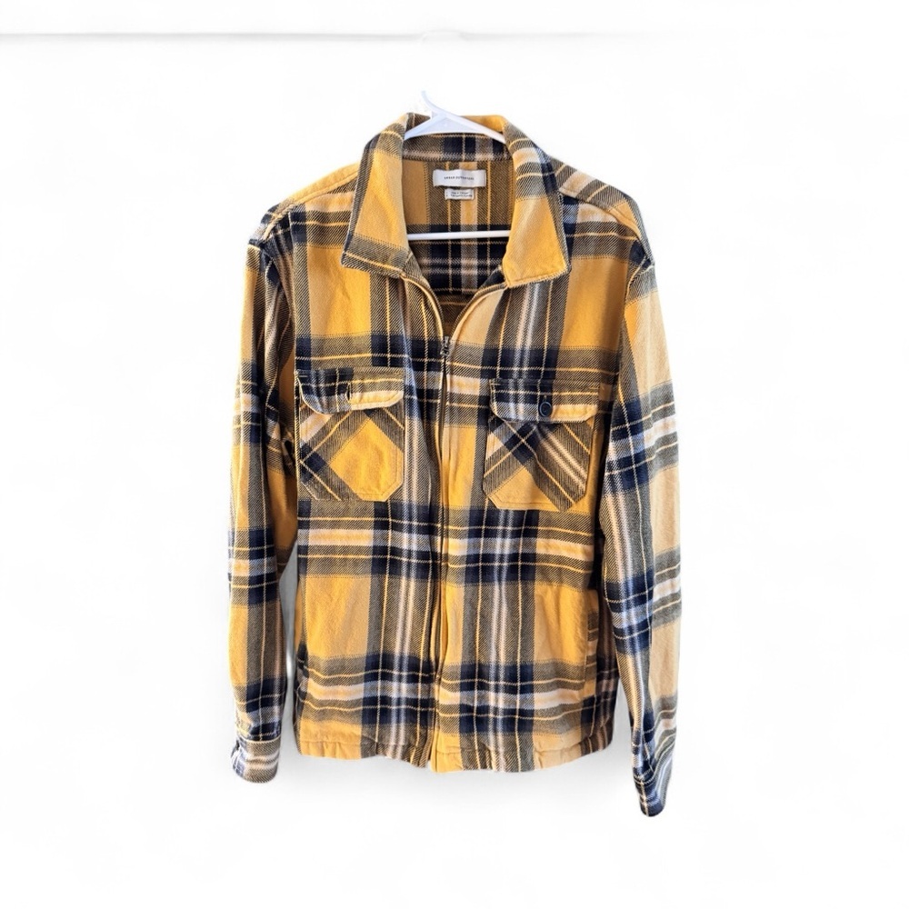 Urban Outfitters Flannel Shirt Jacket Large Yellow Black Plaid 100% Cotton